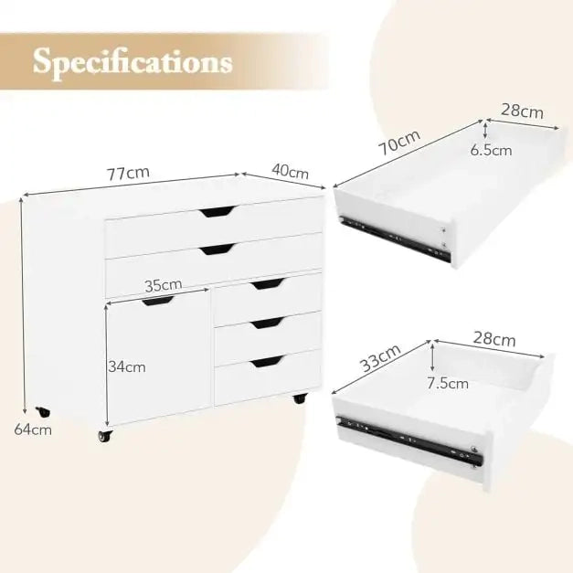 Cassettiera Mobile con 5 Cassetti e Anta Mobiletto con 5 Ruote Bianco per Ufficio e Casa Robusto e Salvaspazio