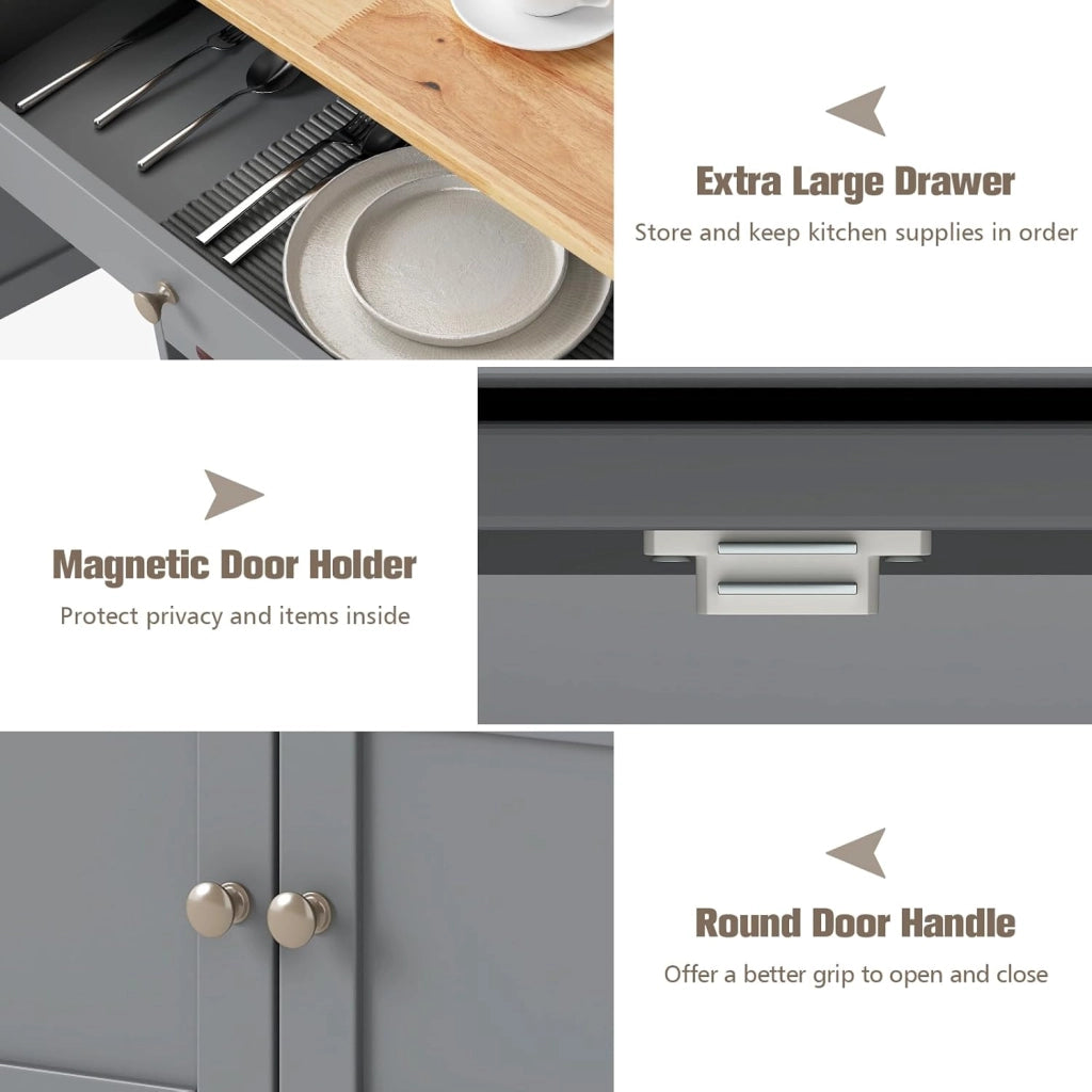 Carrello da cucina mobile con cassetto, porte e ripiani per bottiglie, isola di cucina con ruote e coperchio in legno di gomma, 67 x 37 x 86 cm, mobile di stoccaggio per sala da pranzo (grigio