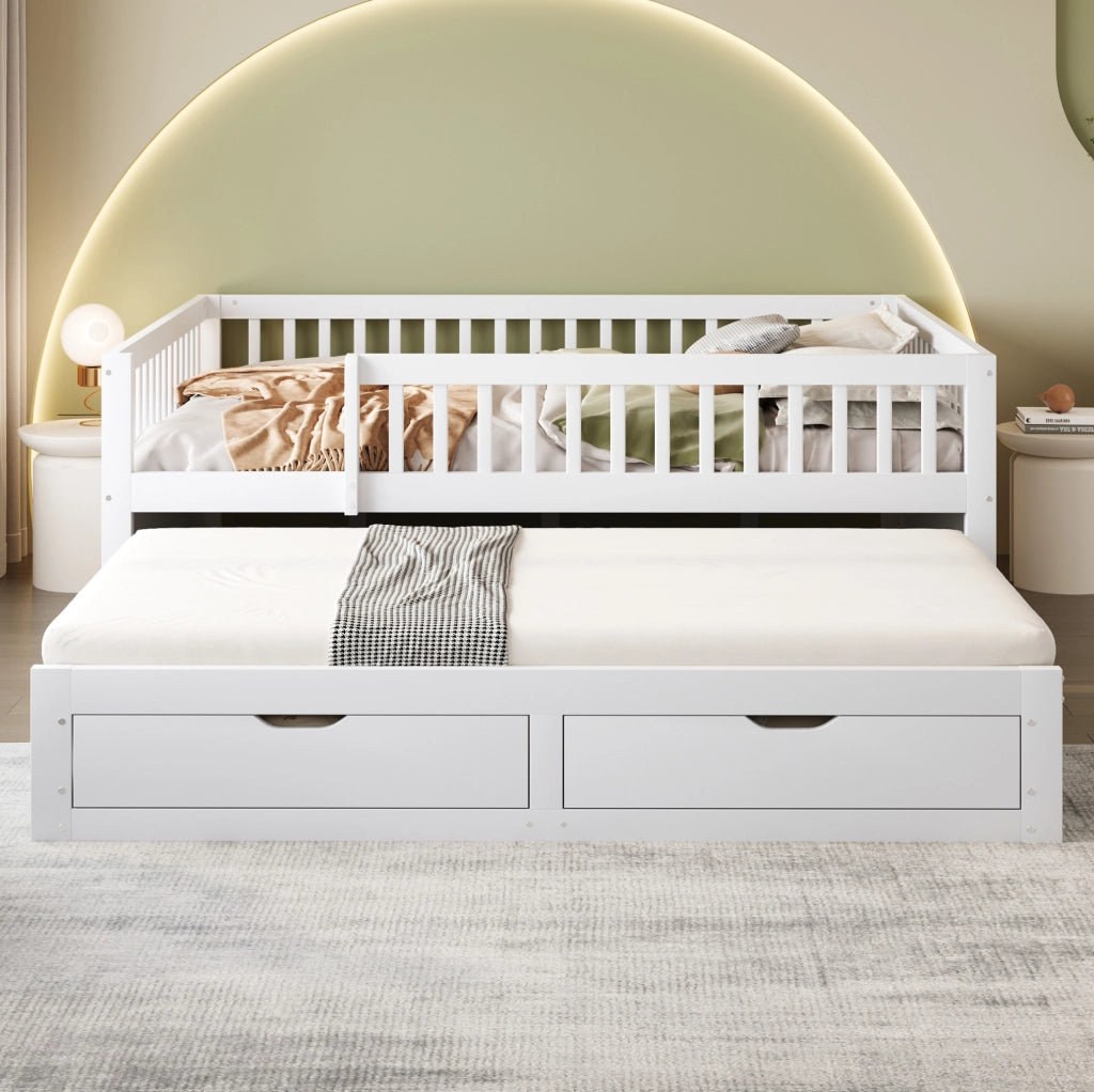 Letto 140x200 cm con letto estraibile; 2 cassetti e barriera di sicurezza; bianco