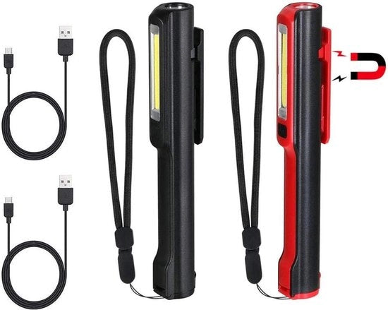 Lampada da Manutenzione Portatile 2 Pezzi Lampada di Ispezione LED con Clip Magnetica Lampada da Torcia COB 3W LED con Testa - S.O.S. Interruttore per Emergenza - Nero e Rosso