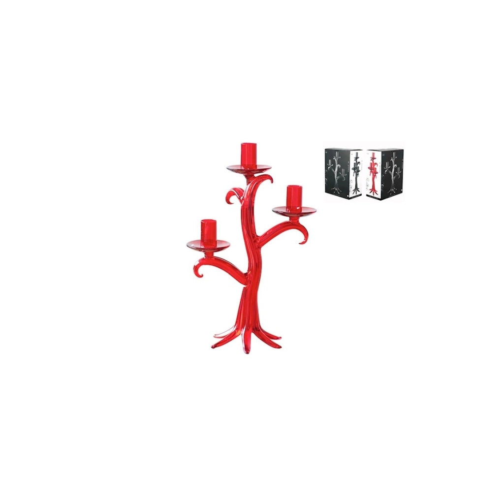 Candeliere vetro 3 fiamme alberello rosso h.31 cm