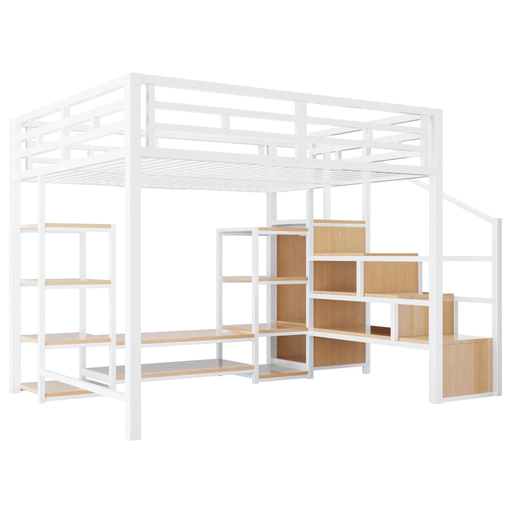 Letto a soppalco 140 × 200 cm con supporto TV, presa elettrica e scala portaoggetti, senza materasso, bianco