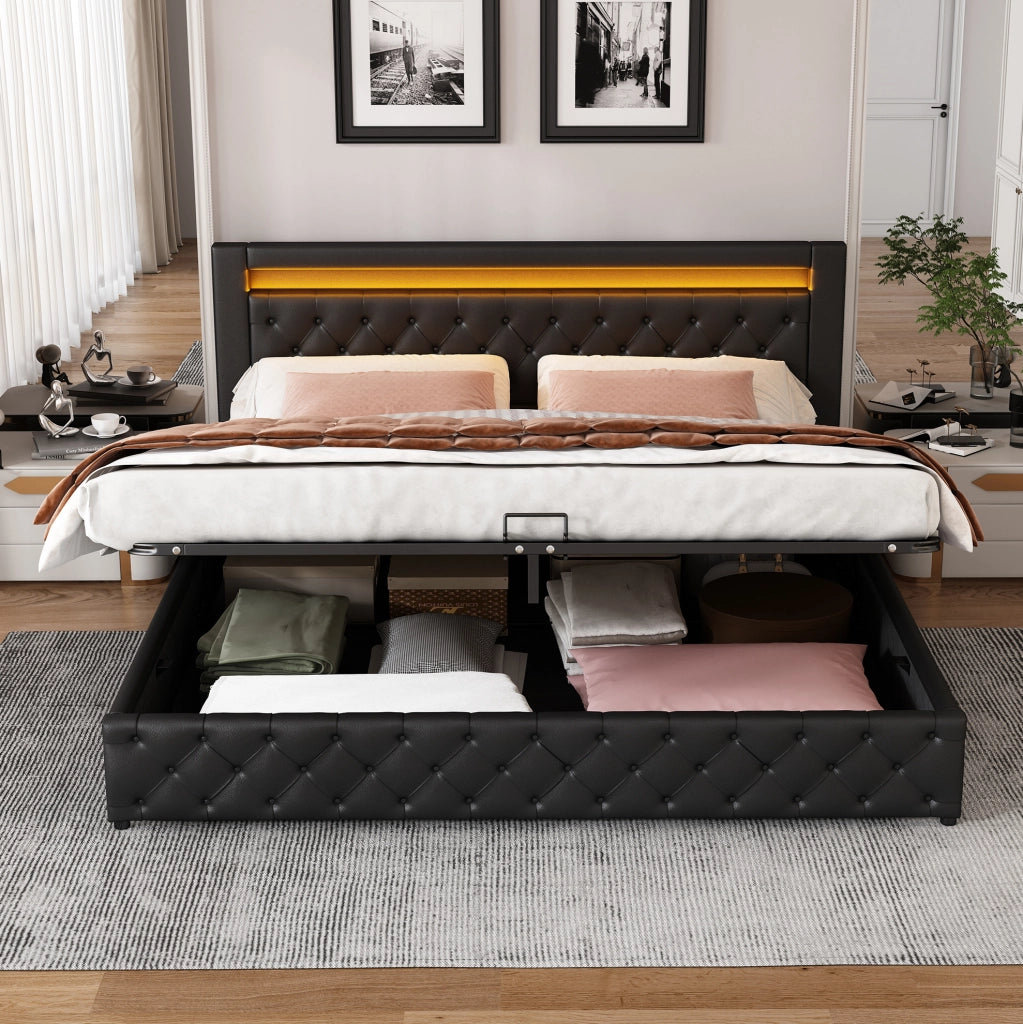 Letto matrimoniale imbottito 160x200 cm con contenitore e LED; rivestimento in PU nero