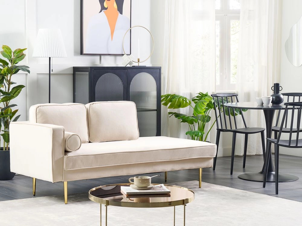 Chaise longue Velluto beige e oro Imbottito Orientamento versione sinistra Gambe In Metallo Cuscino  Design Moderno