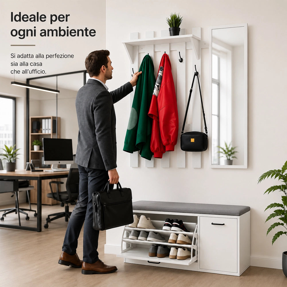 Set Ingresso con Scarpiera e Appendiabiti con Specchio Attaccapanni Bianco