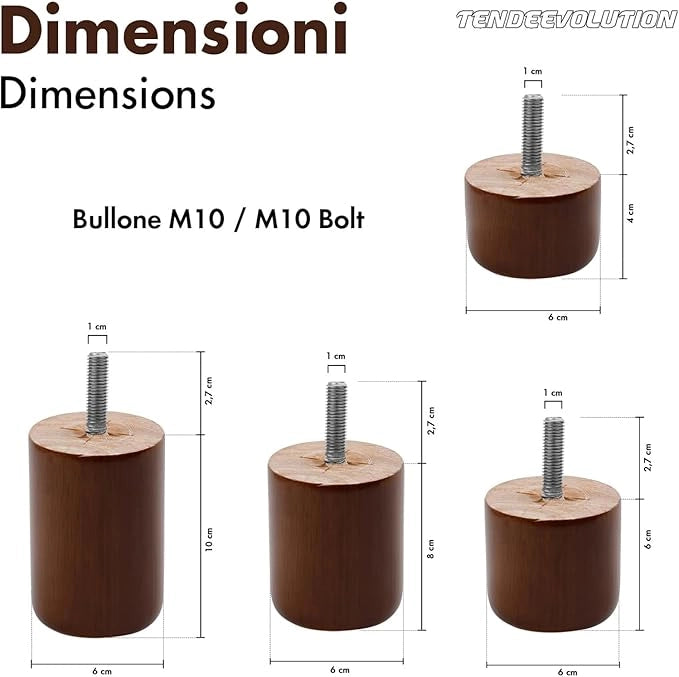 Piedini in Legno Modello Cilindro per Mobili e Divani | Altezza 6cm | Faggio Massello | Finitura Noce