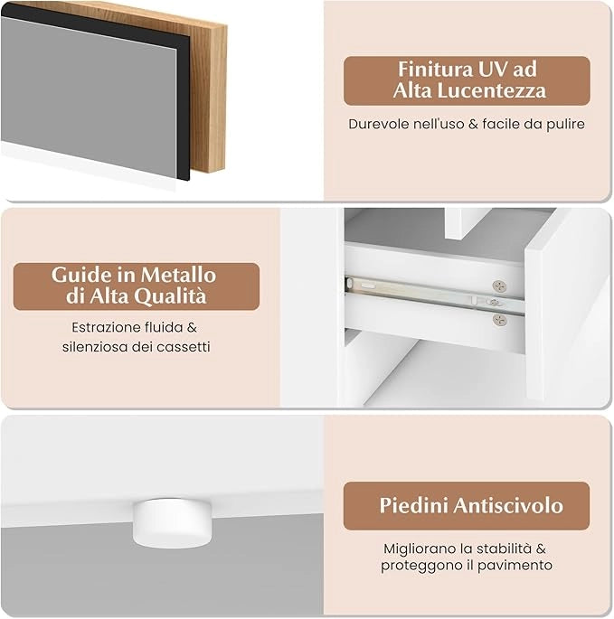Tavolino da Salotto con 2 Cassetti e Luci a LED, Tavolino Moderno con Finitura Lucida Effetto Marmo, Comodino per Camera da Letto e Soggiorno, 45 x 35 x 52 cm (Bianco)