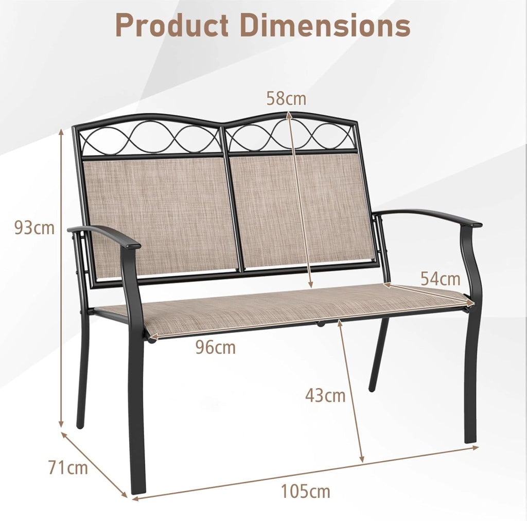 Panca da Giardino a 2 Posti con Schienale e Braccioli, Telaio in Metallo Resistente e Seduta in Tessuto Traspirante, Portata Massima 300 kg, Ideale per Balcone, Patio e Parco