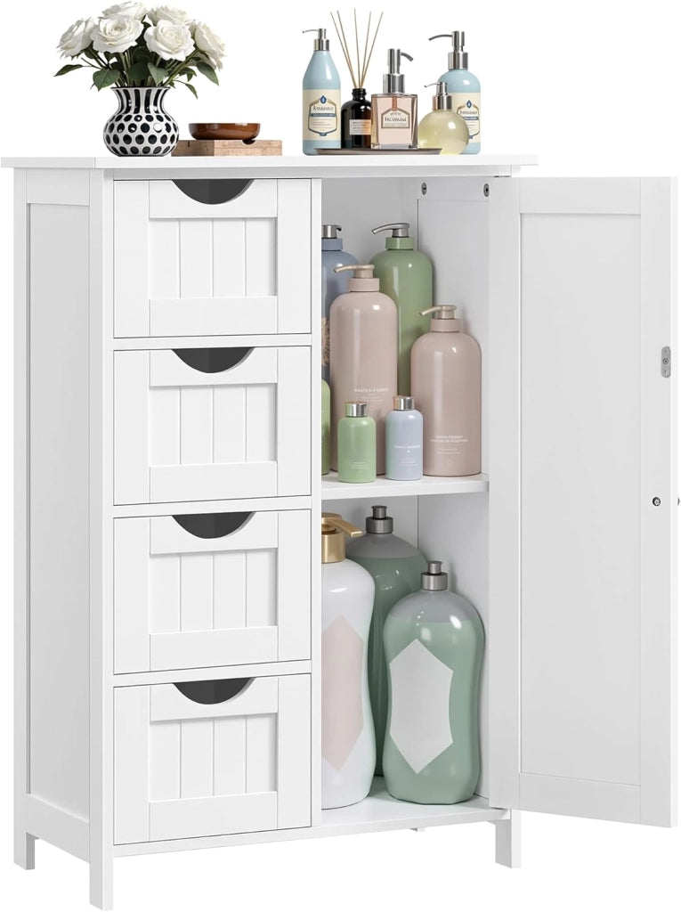 VASAGLE Mobile da Bagno, Armadietto Autoportante, Mobiletto in Legno con 4 Cassetti e Anta, Ripiano Regolabile, per Soggiorno, Cucina, Corridoio, Bianco LHC41W