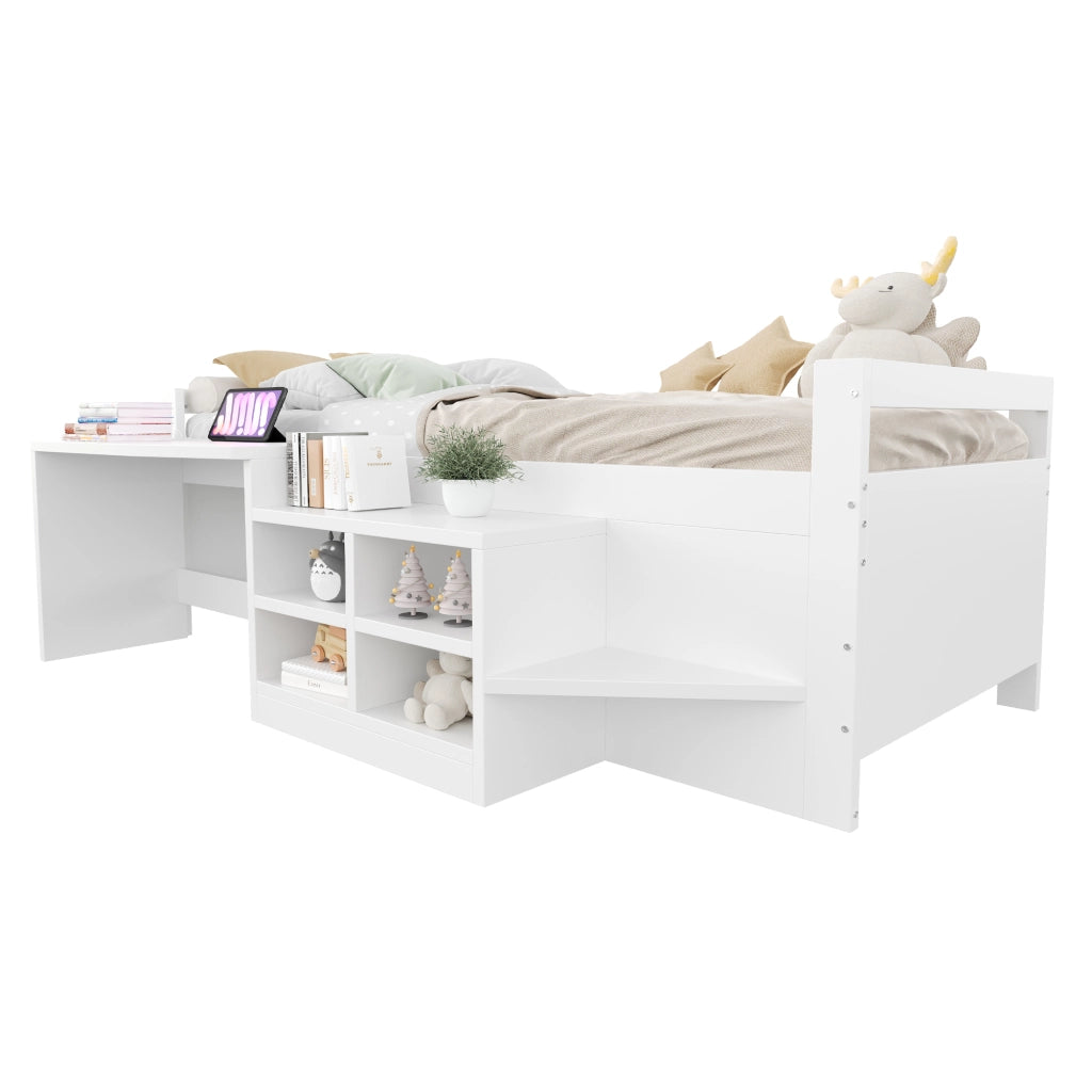 LETTO Singolo 90x200 cm con scrivania, vani contenitori e prese USB Bianco