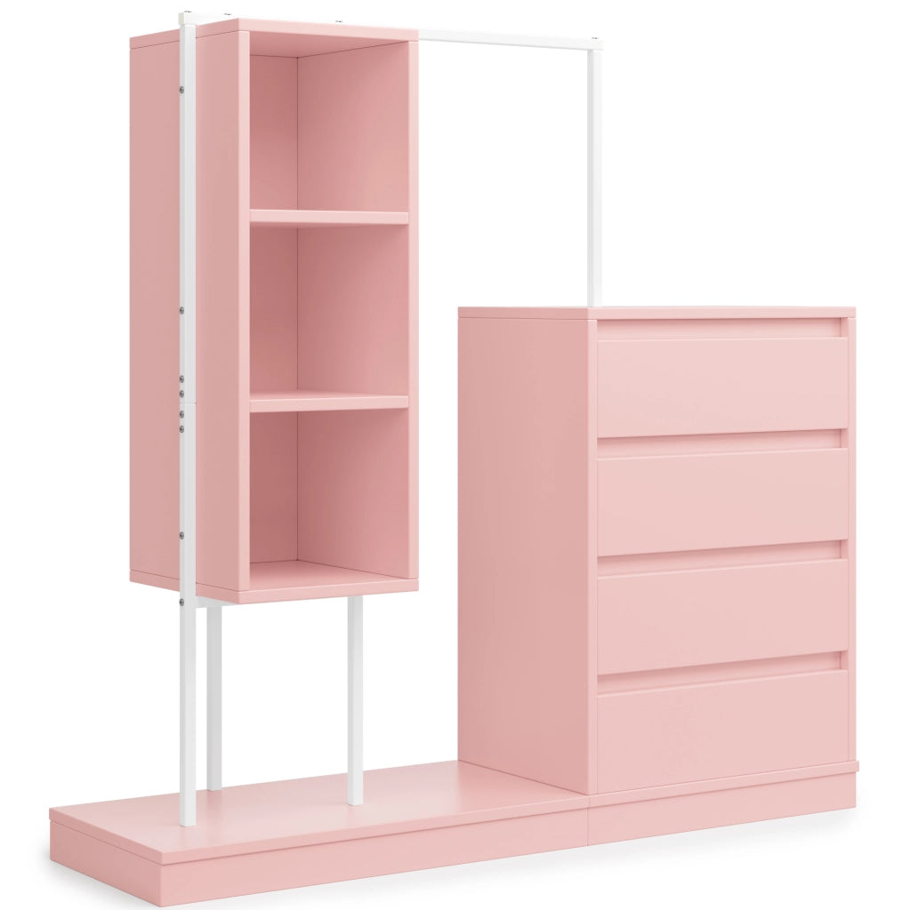Mobile guardaroba 100x40x135 cm con quattro cassetti e barra appendiabiti in truciolare e metallo rosa e bianco
