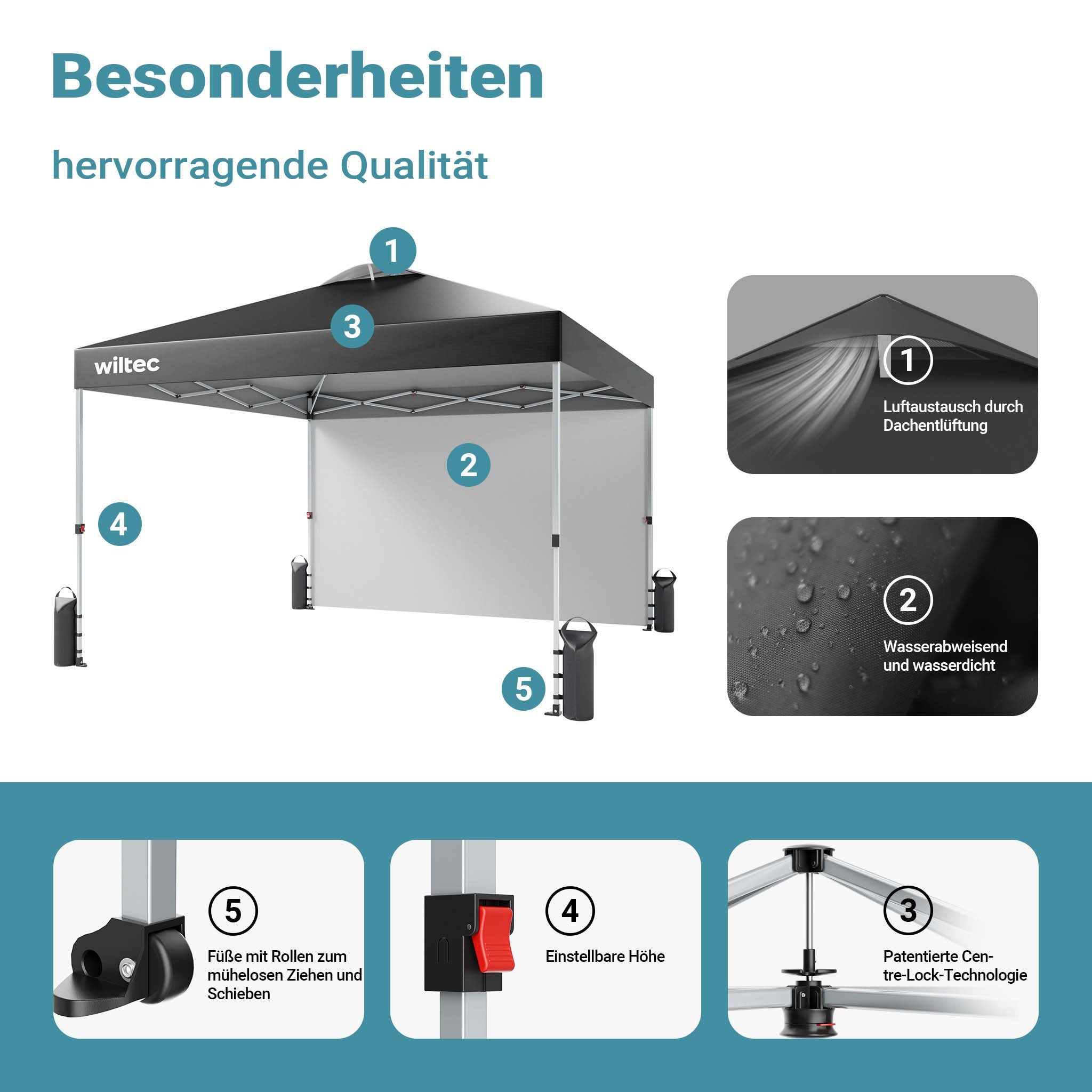 Gazebo pieghevole pop-up grigio, 3 x 3 m con parete laterale e ruote