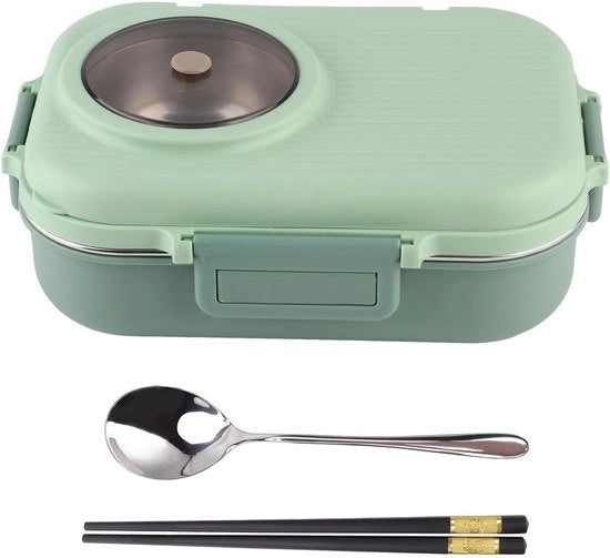 Lunchbox Termica 1100 ml Doppio Strato 3 Design a Rettangoli 304 Cassetta in Acciaio Inossidabile con Cucchiaio, Cucchiaio e Ciotola per Minestre (Verdure) - Adatto per Cibi Caldi - AISI - Contenitore Isolante per Picnic