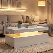 Tavolino basso con LED RGB, 2 cassetti e vano contenitore, per soggiorno e gaming, bianco lucido 100 × 50 × 40 cm