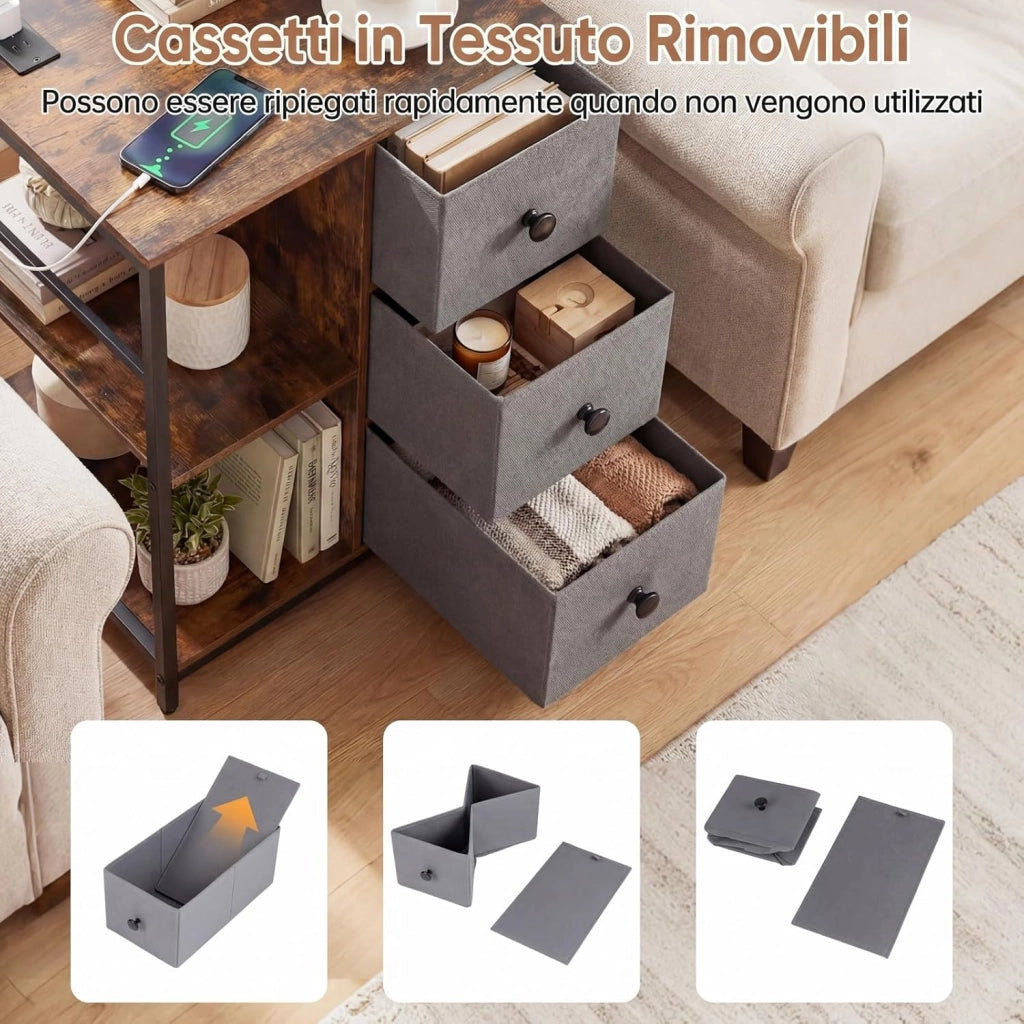 Armadio con Stazione di Ricarica, Organizer Industriale con 3 Ripiani, Cassetti in Tessuto e Tasche Laterali, per Camera da Letto e Soggiorno, 46x40x63 cm