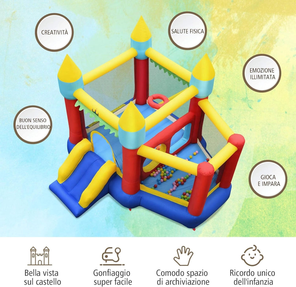 Castello Gonfiabile Per Bambini, con Scivolo, 100 Palline, Borsa di Trasporto e Kit di Riparazione, per 3 Bambini 3-10 anni, Regalo Perfetto per Bambini (con Soffiatore)