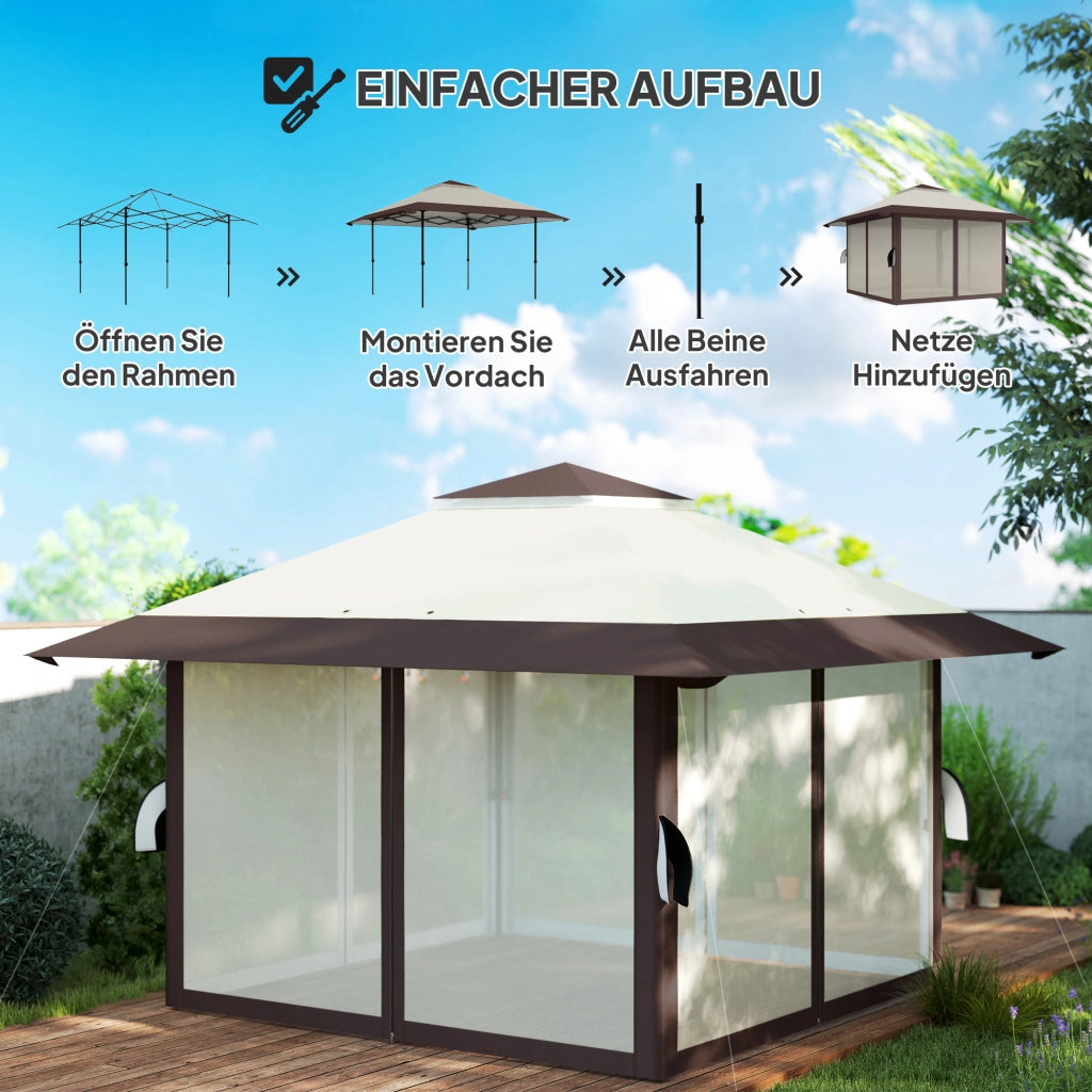 Gazebo 4x4m Ripiegabile pieghevole a piega regolabile in altezza impermeabile con pareti in rete UV 50+ Tenda pieghevole da giardino con borsa da trasporto sacchi di sabbia Gazebo da giardino per il festival del campeggio beige
