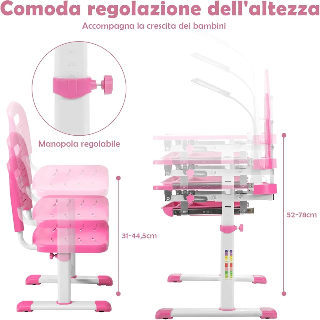 Set Scrivania e Sedia per Bambini, Tavolo Regolabile in Altezza con Piano Inclinabile 45° e Luce LED 3 Modalità, Tavolo e Sedia Ergonomica in Materiali Sicuri per 4+ Anni (Rosa)