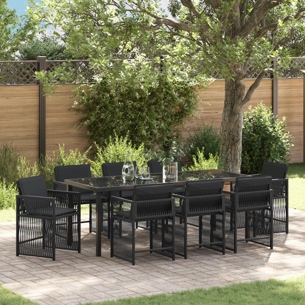 Set da pranzo da giardino con cuscini neri in polyrattan