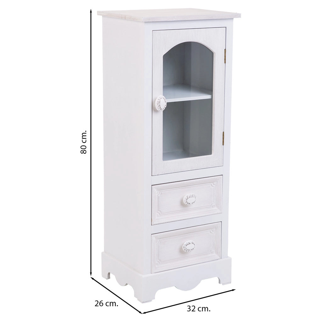 Vetrina in legno e vetro con 1 anta e 2 cassetti bianca 32x26x80