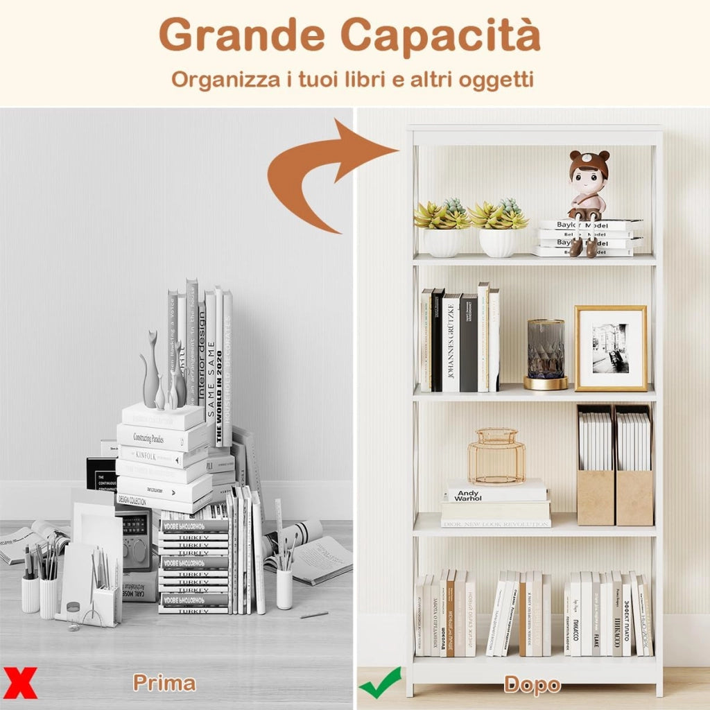 Libreria 5 Ripiani, Scaffale in Legno con Struttura Romboidale, Scaffale Espositivo Aperto Autoportante per Ufficio, Soggiorno e Camera da Letto, 70×30×155 cm