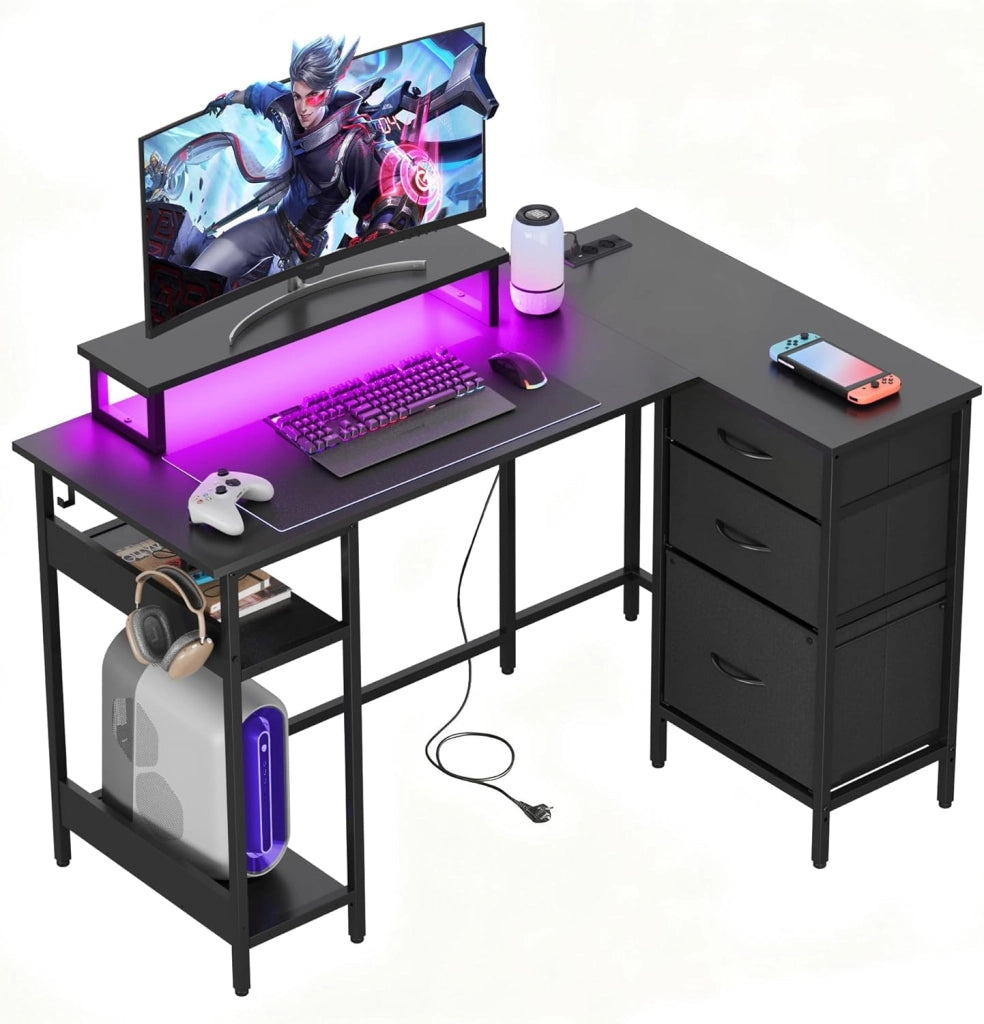 Scrivania angolare L ¨C zephmum ¨C 123x80 cm, nero, con cassetti, USB e supporto monitor