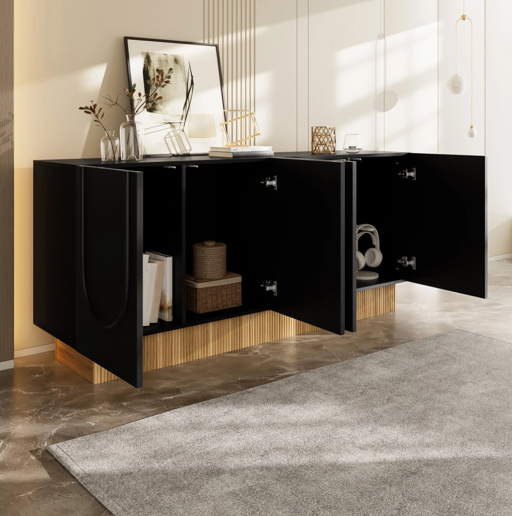 Credenza moderna 160 cm nera e effetto legno a 4 ante