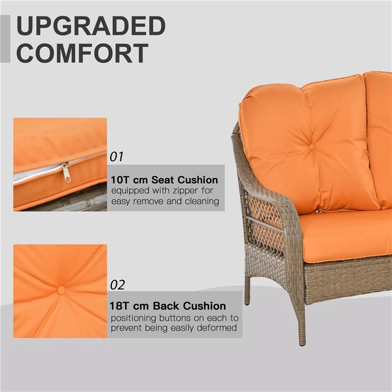 SET IN RATTAN PE CON 2 POLTRONE DIVANO E TAVOLINO E CUSCINI ARANCIONE