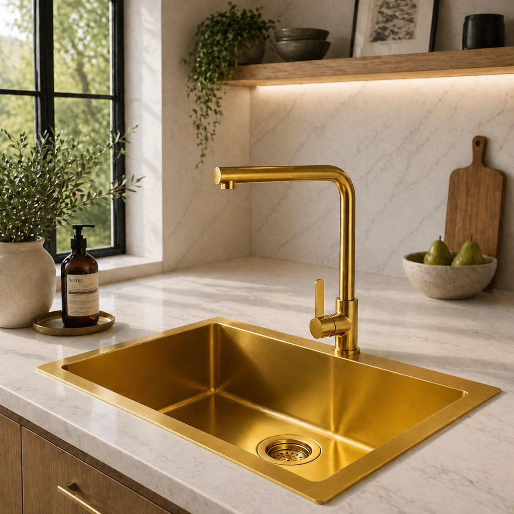 Rubinetto Cucina Oro Lucido Canna Alta Quadrata Girevole Miscelatore Lavello 94028