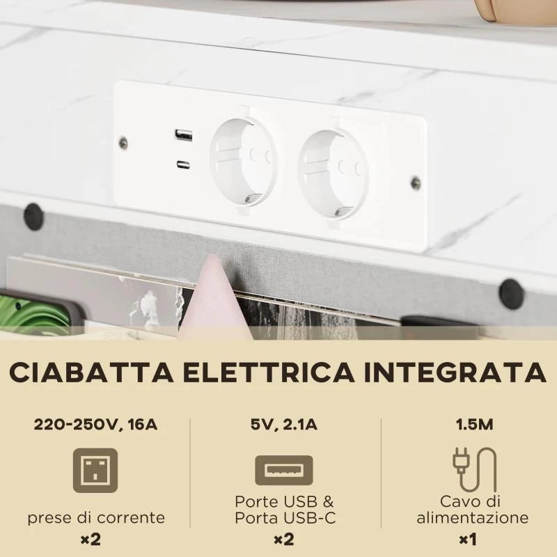 TAVOLINO DA SALOTTO A FORMA DI C EFFETTO MARMO CON PRESE DI CORRENTE E USB INTEGRATE, BIANCO