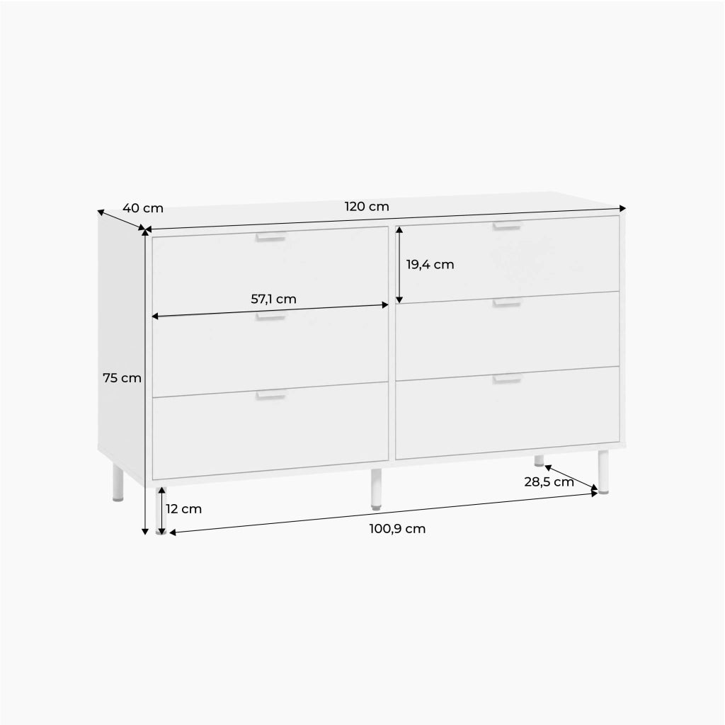 Cassettiera decorativa in legno e metallo, 6 cassetti, beige