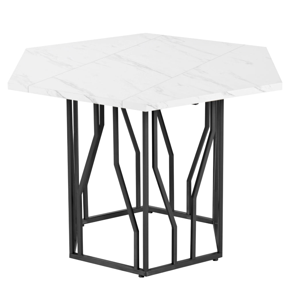 Tavolo da Pranzo con Piano Esagonale; Finitura Effetto Marmo e Base in Metallo Nero per Sala da Pranzo 115.5×100×75 cm