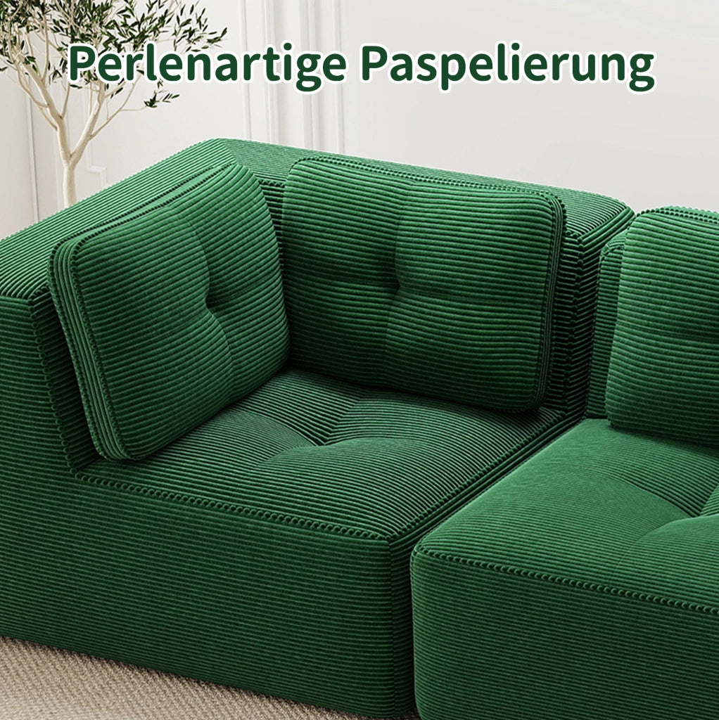 Divano angolare modulare 208x104x69 cm in corduroy verde; senza struttura rigida
