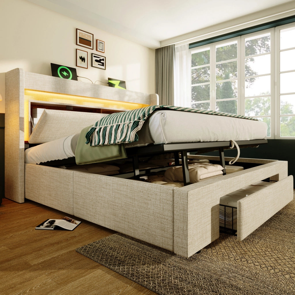 Letto matrimoniale 140x200 cm imbottito con contenitore idraulico; LED; USB e materasso; beige