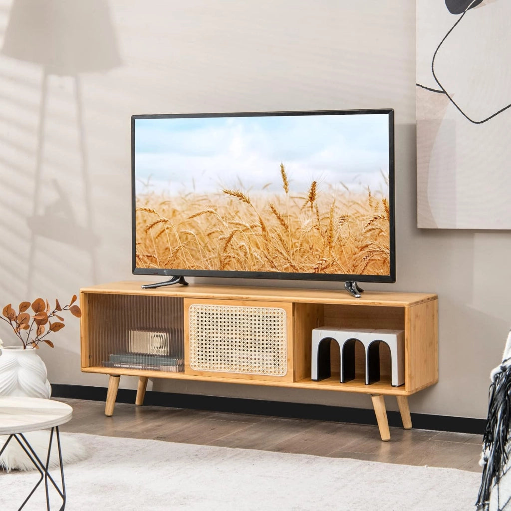 Mobile TV da 120 cm con 2 Ripiani，Supporto TV in Bambù, con Porte Scorrevoli in Rattan e Vetro Temperato,120,5x31x45,5 cm