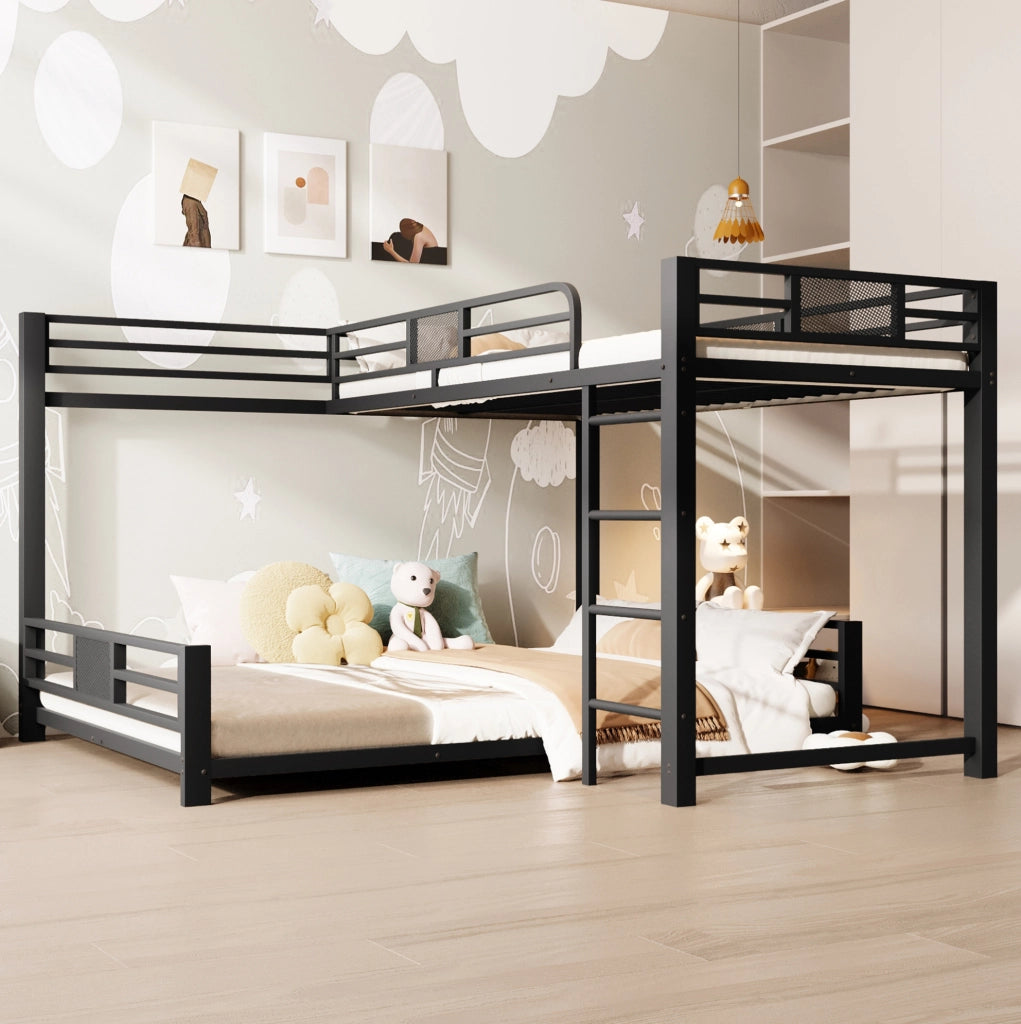 Letto a castello a L in metallo nero 90x200/140x200 con struttura robusta