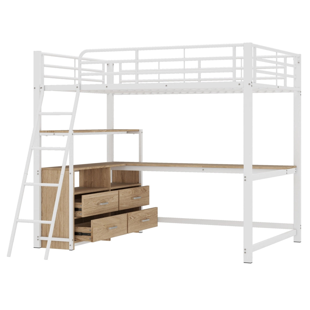Letto a castello bianco con scrivania a L funzione contenitore struttura in metallo e MDF 140x200 cm