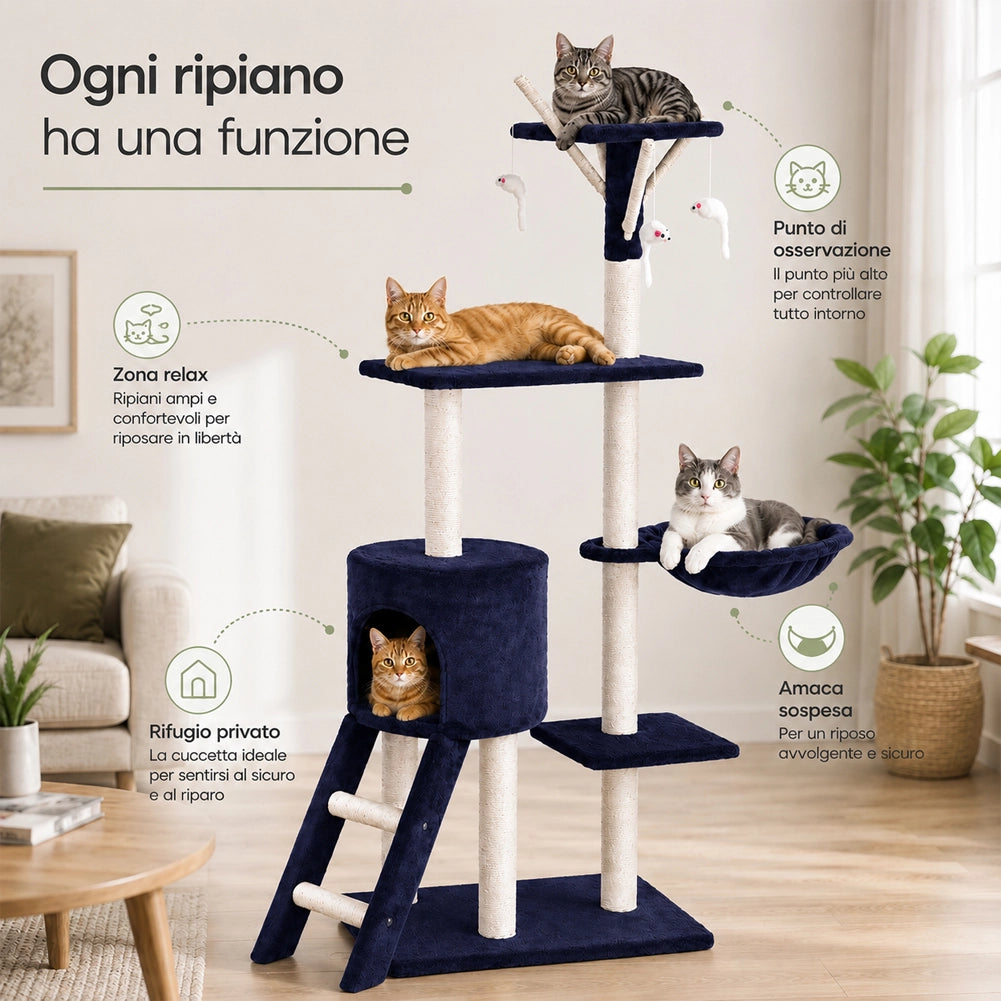Tiragraffi per Gatti Albero Sisal Parco Giochi Gioco Gatto Tira Graffi Blu Scuro