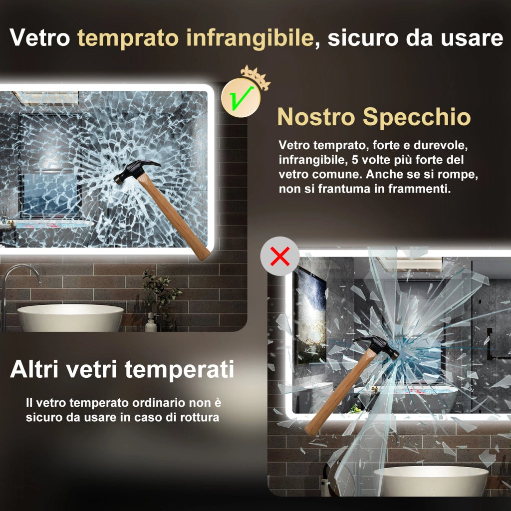 specchio rettangolare 120 x 70 cm con luce led a 3 colori, antiappannamento e touch, bluetooth