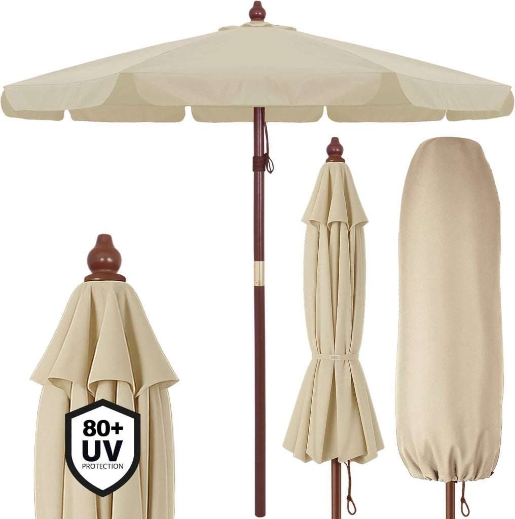 Ombrellone in Legno 330cm UV50+ Idrorepellente Ombrello Rotondo Stabile Antivento da Giardino Balcone