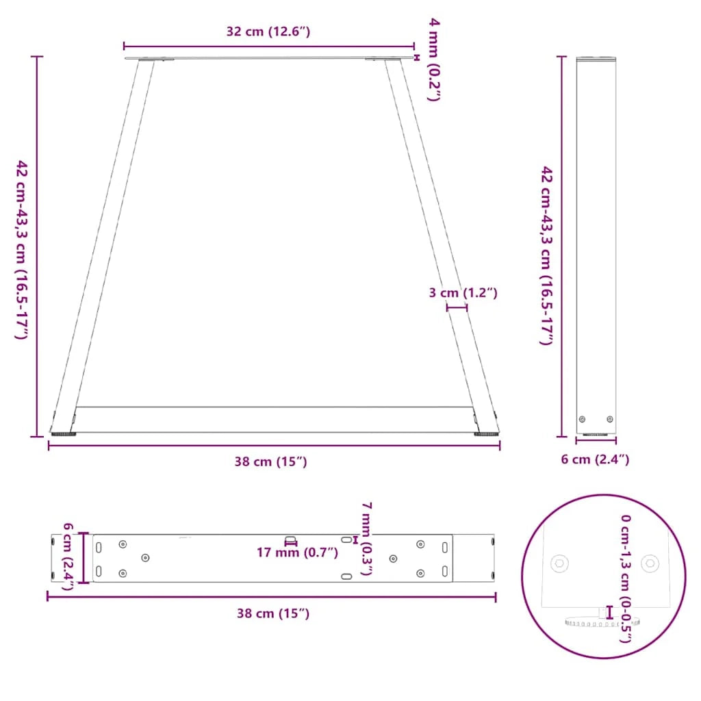 Set di 2 gambe regolabili per tavolino da caffè a forma di V 38 x 42-43,3 cm design moderno acciaio antracite 02_0056841