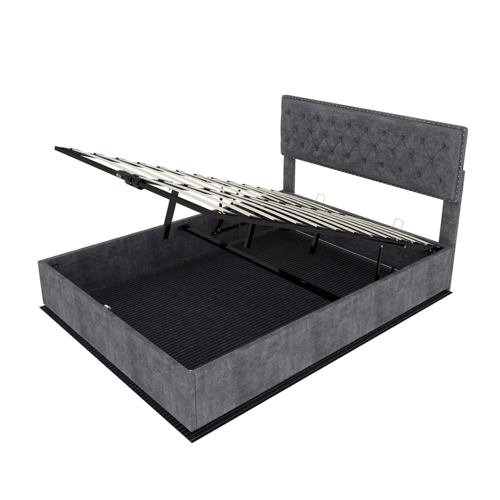 Letto imbottito moderno con testiera e vano a pistone, 140x200 cm, grigio