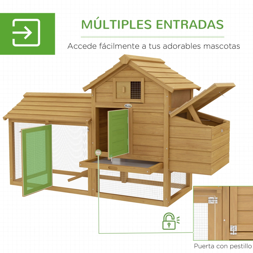 Polleria in Legno per Giardino con Gabbia e 2 Recinti ¨C Zephmum ¨C Naturale 150.5x54x87 cm