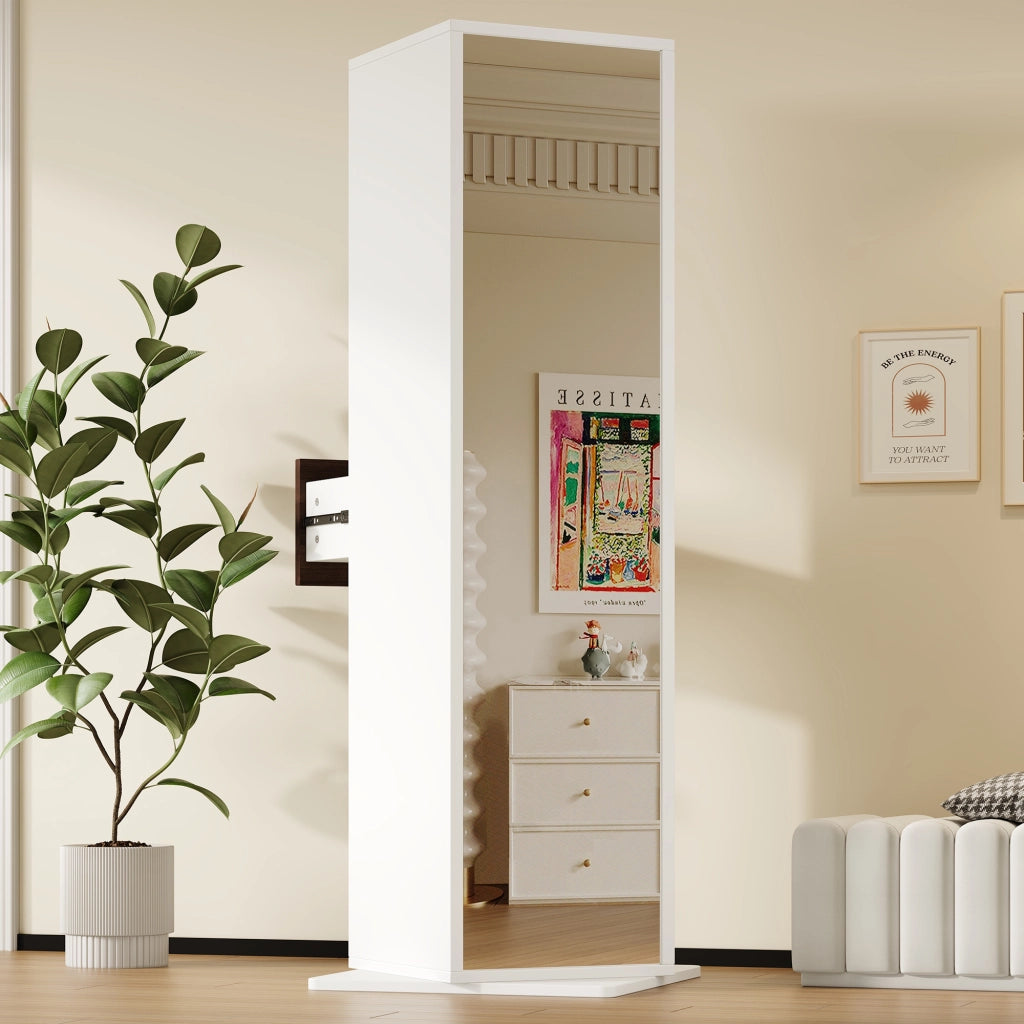 Armadio espositivo girevole con specchio a figura intera 45 x 45 x 168 cm, bianco, in MDF, con 4 vani aperti e 1 cassetto