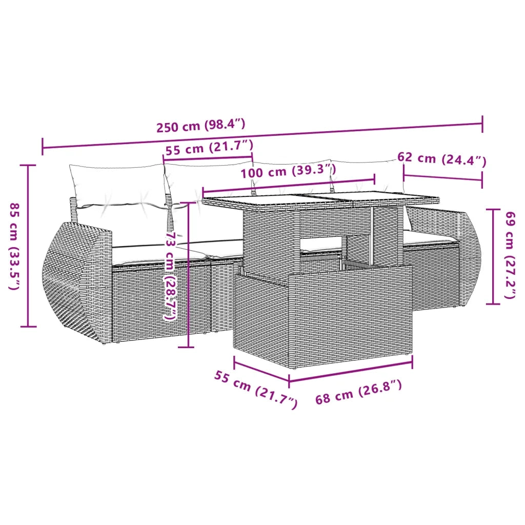Set Divano da Giardino 5 pz con Cuscini Grigio in Polyrattan