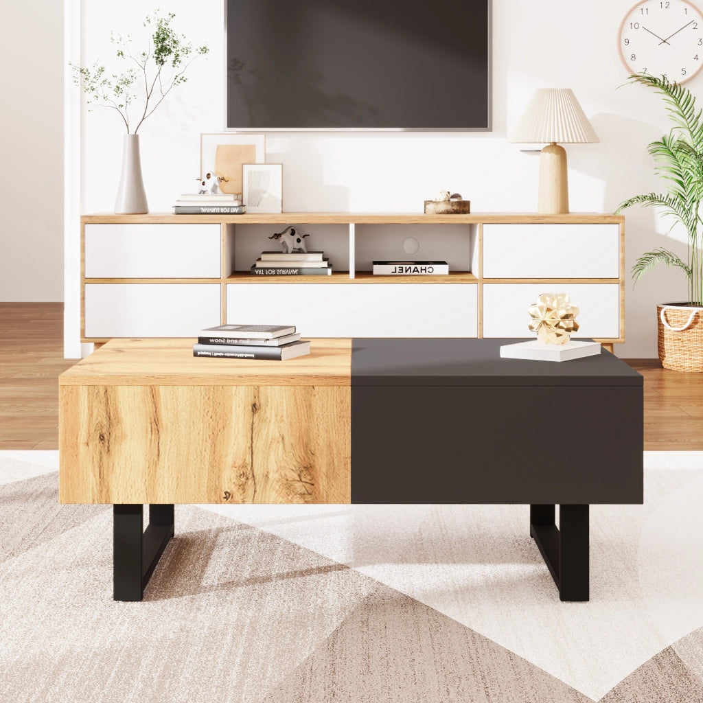 Tavolino Da Caffè Scorrevole con Vano Contenitore Nascosto e Scomparti; Stile Moderno; in Pannelli di Particelle e Metallo; 155×55×40 cm; Naturale