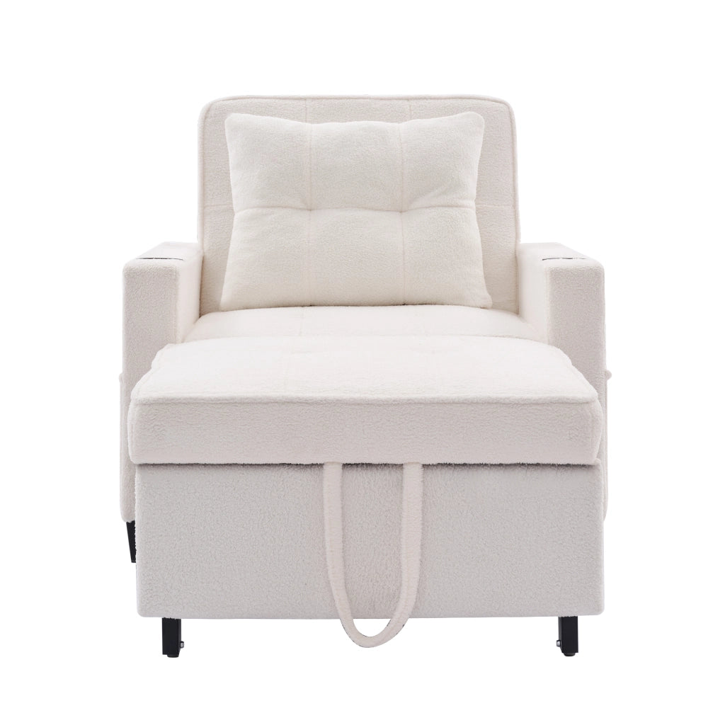 Poltrona letto singola estraibile - con schienale regolabile; USB e portabicchieri - legno e metallo - bianco