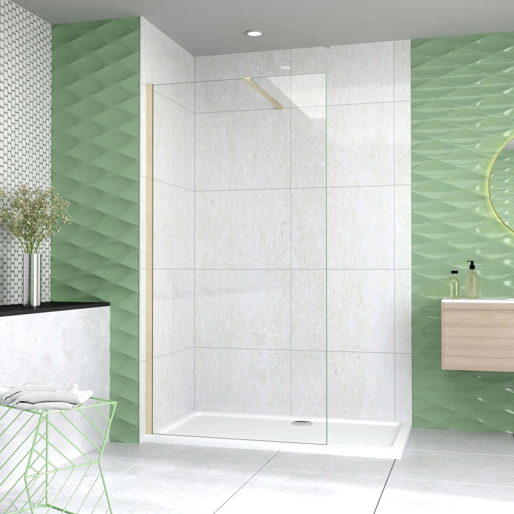 Box Doccia Walk In 50x200 cm Parete Fissa Vetro 8 mm Trasparente Anticalcare Oro Spazzolato Barra Piatta Stabilizzatrice 90 cm