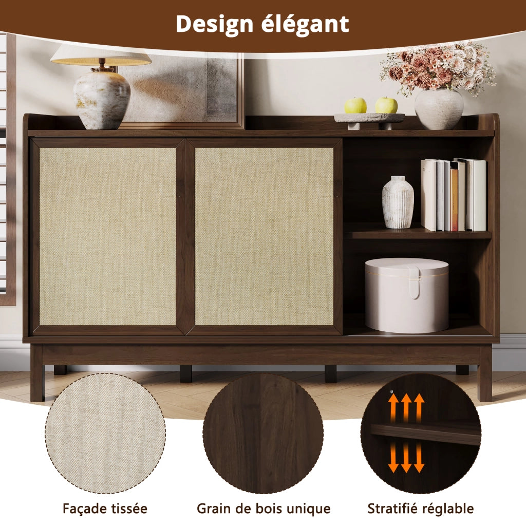 Credenza con Ante Scorrevoli; 2 Cassetti e Ripiani Regolabili; Naturale; 150 x 39.5 x 80 cm