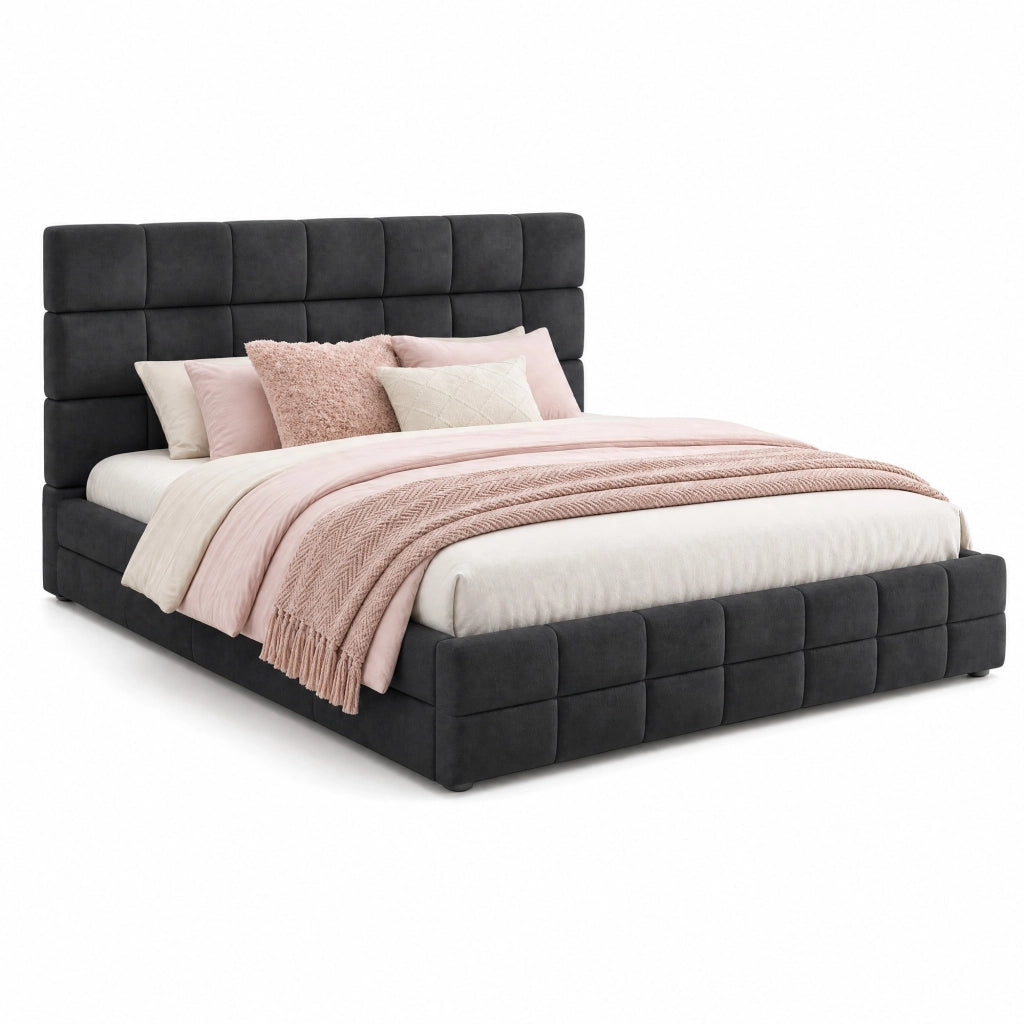 Letto imbottito con testiera 180x200 cm in velluto nero; struttura in MDF e compensato